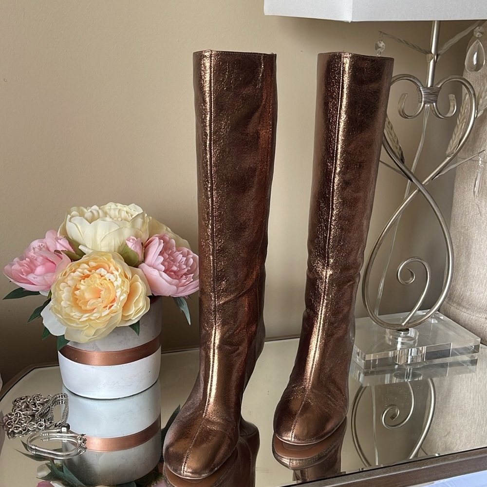 Zara Woman Metallic Kitten Heel Knee Boots Gold Bronze - Picture 3 of 15